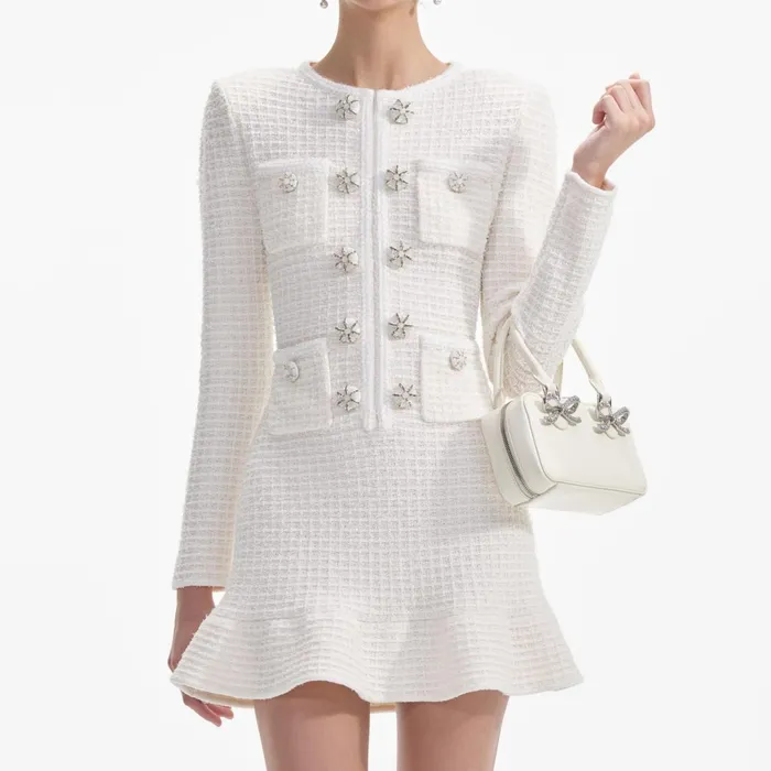 Self Portrait Dresses Women Cream Buttoned Knit Mini Dress