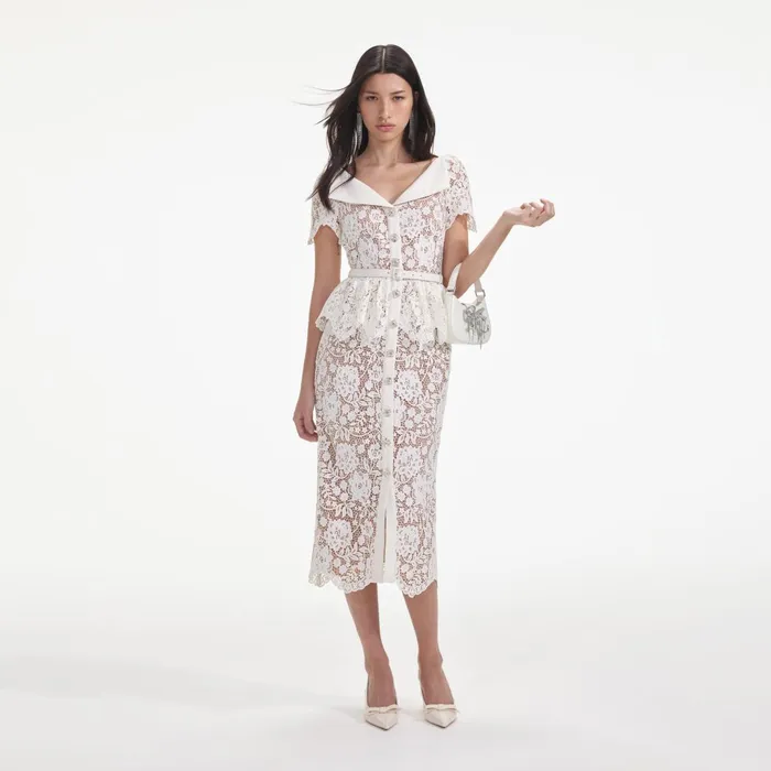 Self Portrait Dresses Women Cream Lace Peplum Midi Dress