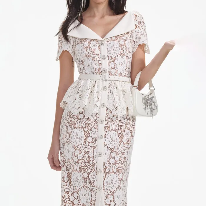 Self Portrait Dresses Women Cream Lace Peplum Midi Dress Self Portrait Dresses Women Cream Lace Peplum Midi Dress