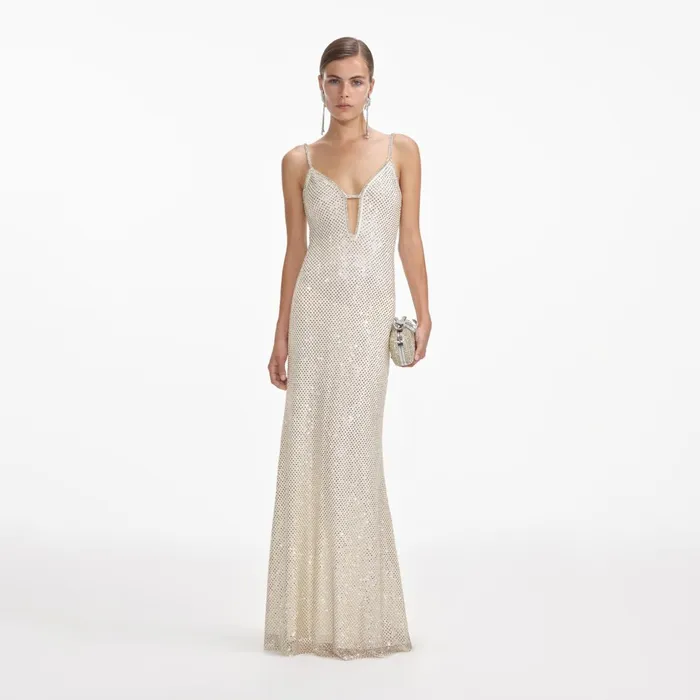 Self Portrait Dresses Women Cream Square Rhinestone Fishnet Maxi Dress