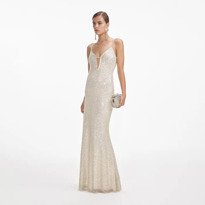 Self Portrait Dresses Women Cream Square Rhinestone Fishnet Maxi Dress