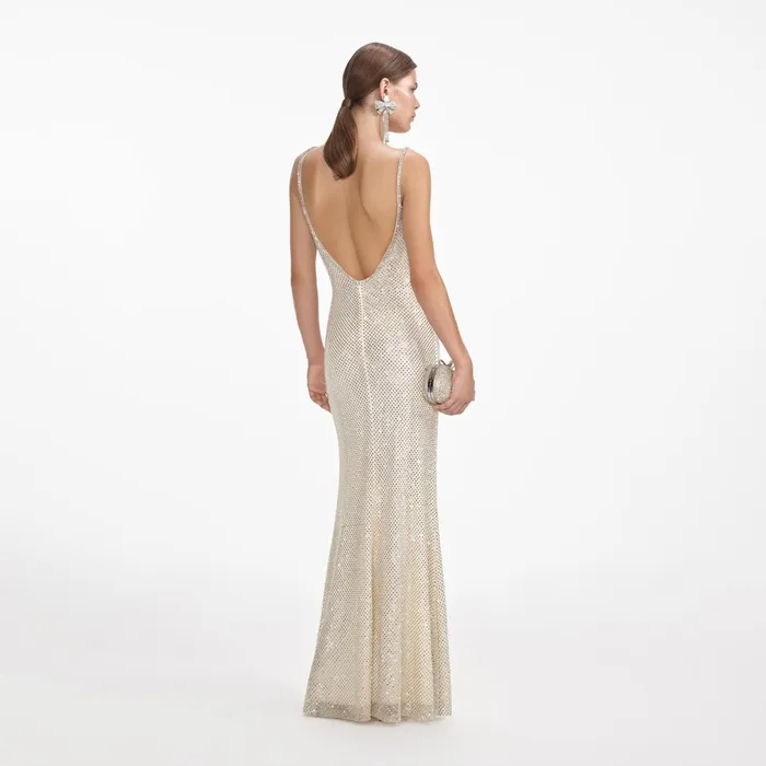 Self Portrait Dresses Women Cream Square Rhinestone Fishnet Maxi Dress
