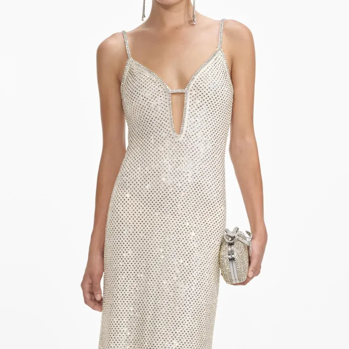 Self Portrait Dresses Women Cream Square Rhinestone Fishnet Maxi Dress