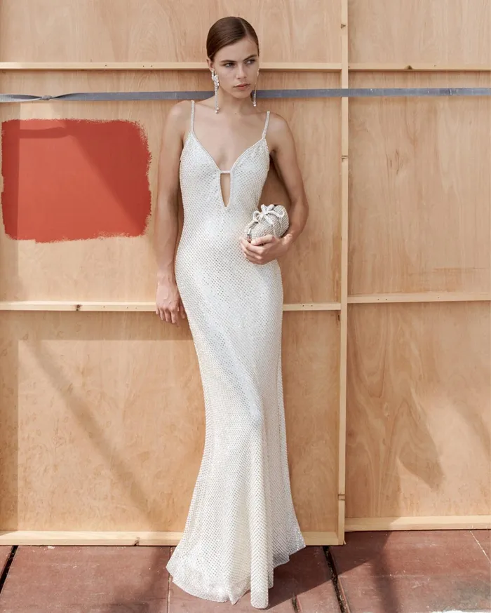 Self Portrait Dresses Women Cream Square Rhinestone Fishnet Maxi Dress