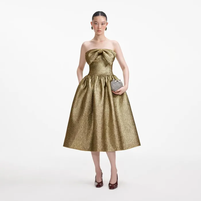 Self Portrait Dresses Women Gold Metallic Jacquard Midi Dress