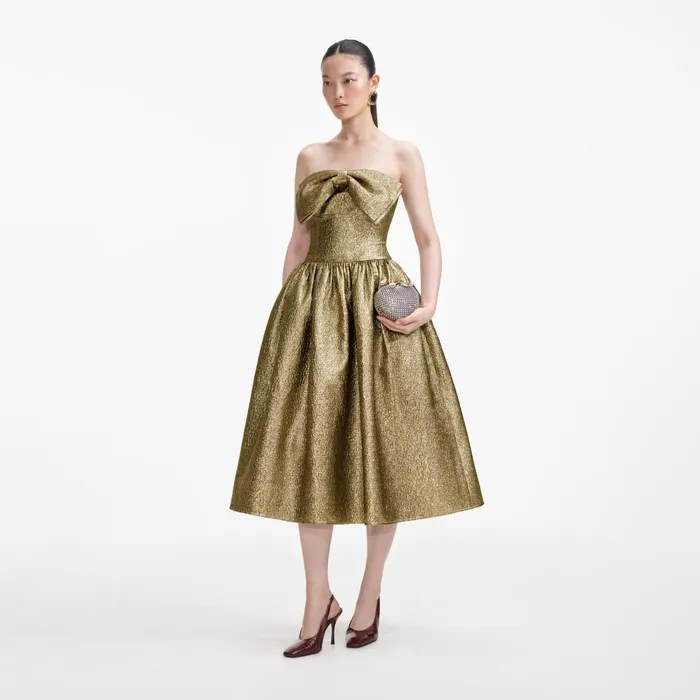 Self Portrait Dresses Women Gold Metallic Jacquard Midi Dress