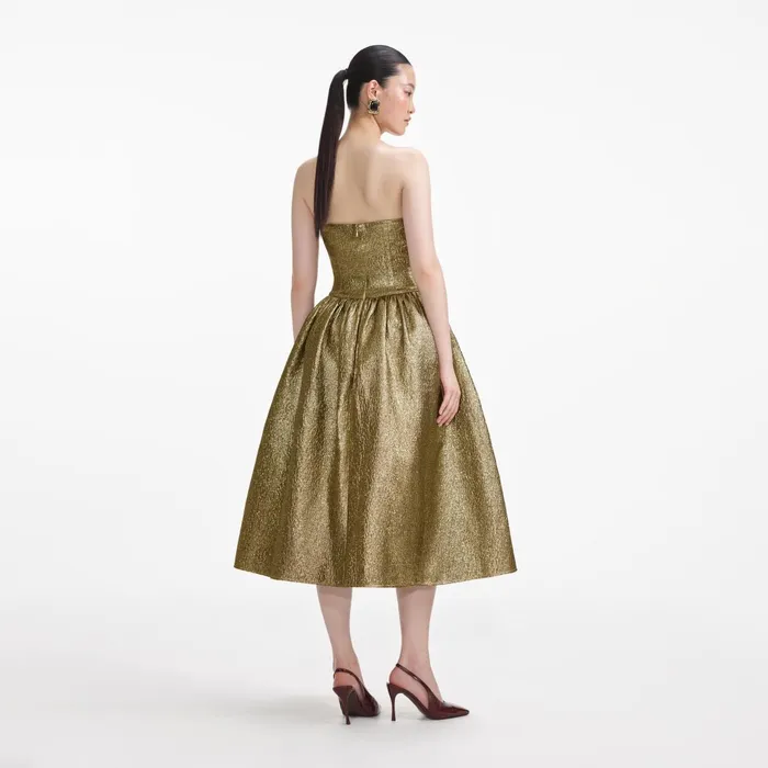 Self Portrait Dresses Women Gold Metallic Jacquard Midi Dress