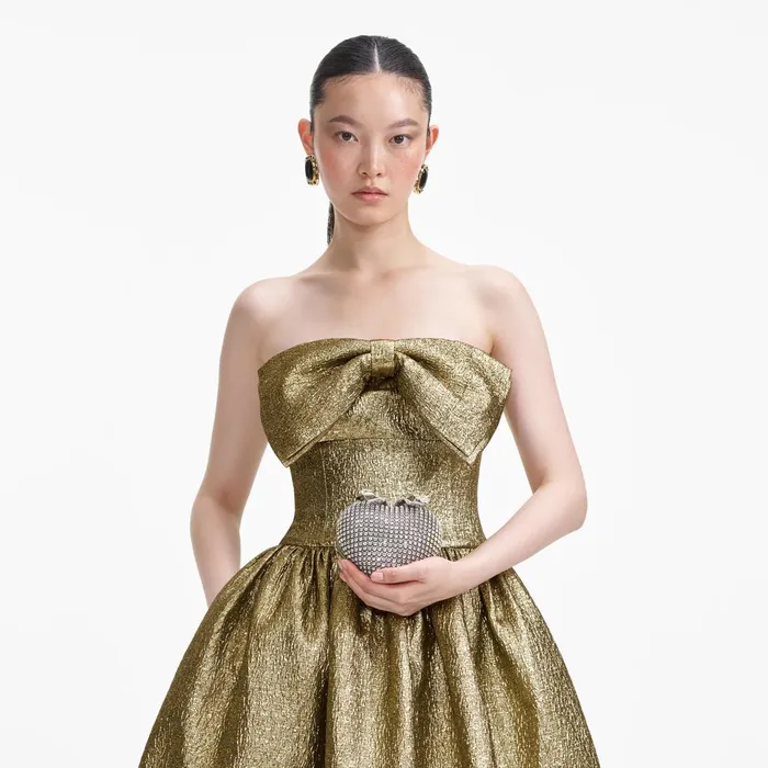Self Portrait Dresses Women Gold Metallic Jacquard Midi Dress