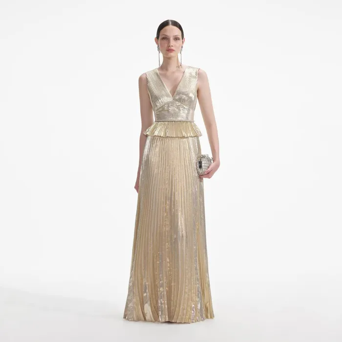 Self Portrait Dresses Women Gold Metallic VNeck Maxi Dress