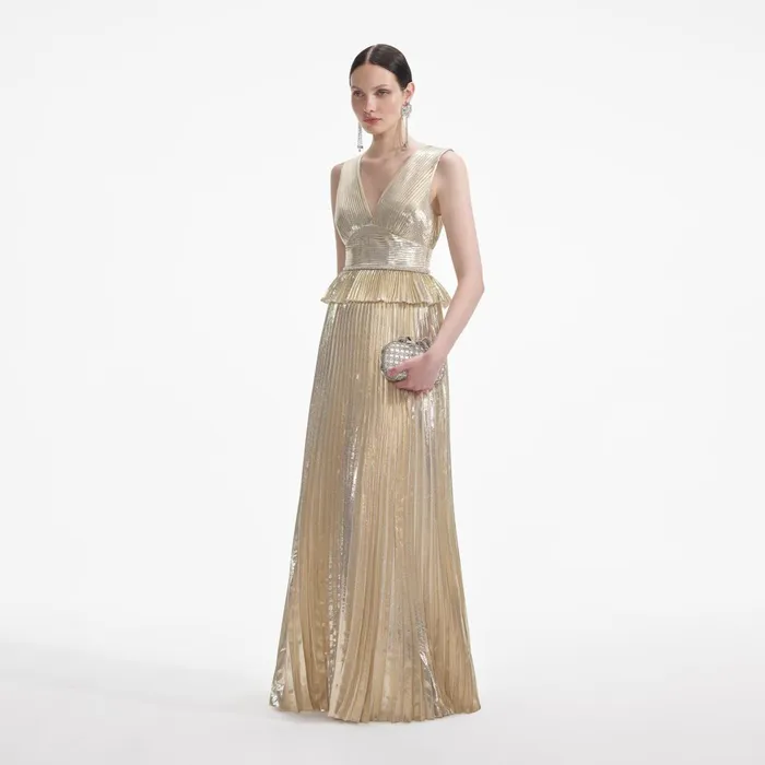 Self Portrait Dresses Women Gold Metallic VNeck Maxi Dress