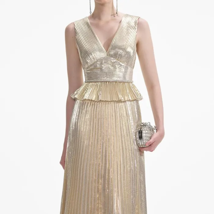 Self Portrait Dresses Women Gold Metallic VNeck Maxi Dress