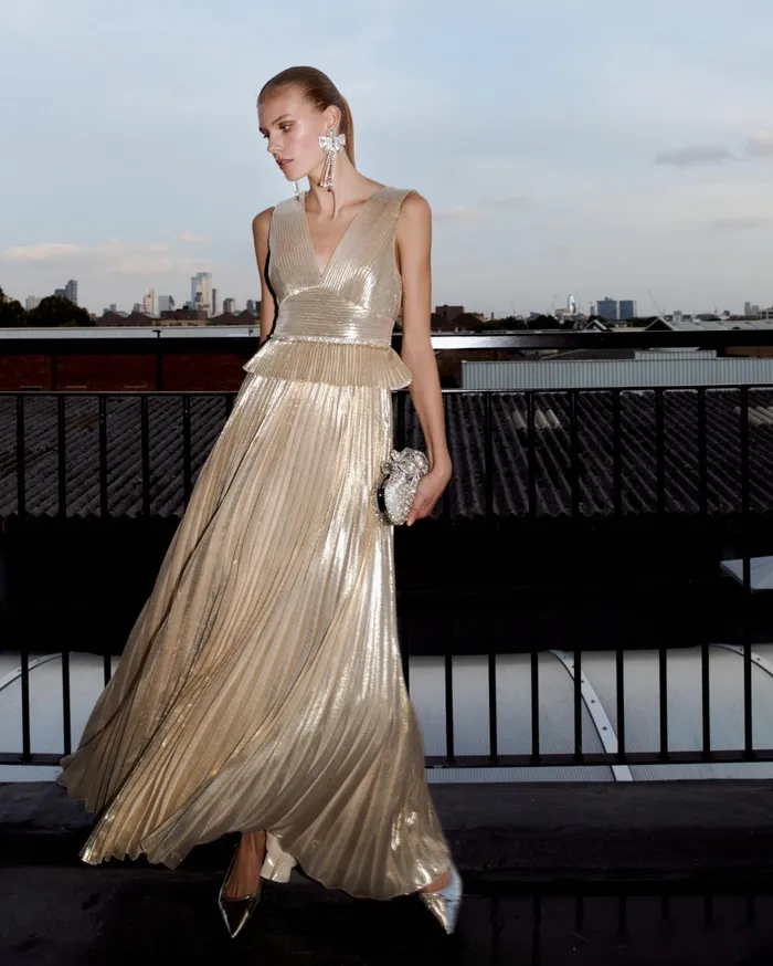 Self Portrait Dresses Women Gold Metallic VNeck Maxi Dress