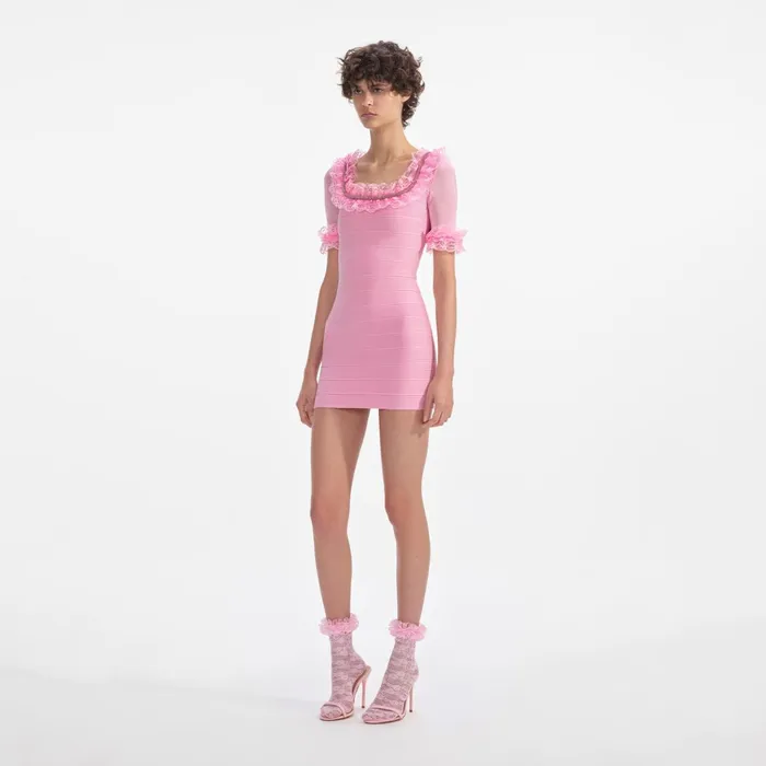 Self Portrait Dresses Women Pink Ruffle Knit Mini Dress