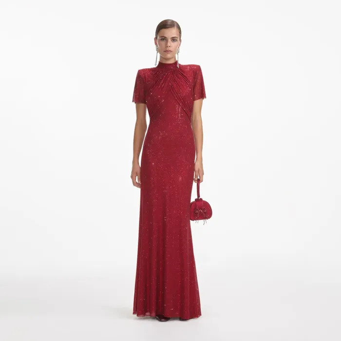Self Portrait Dresses Women Red Rhinestone Mesh Maxi Dress