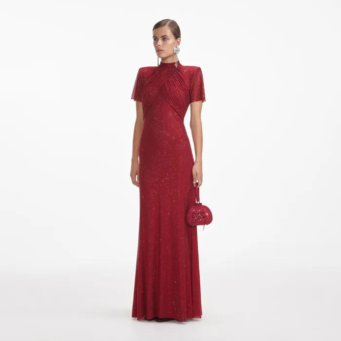 Self Portrait Dresses Women Red Rhinestone Mesh Maxi Dress Self Portrait Dresses Women Red Rhinestone Mesh Maxi Dress