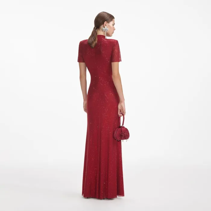 Self Portrait Dresses Women Red Rhinestone Mesh Maxi Dress Self Portrait Dresses Women Red Rhinestone Mesh Maxi Dress