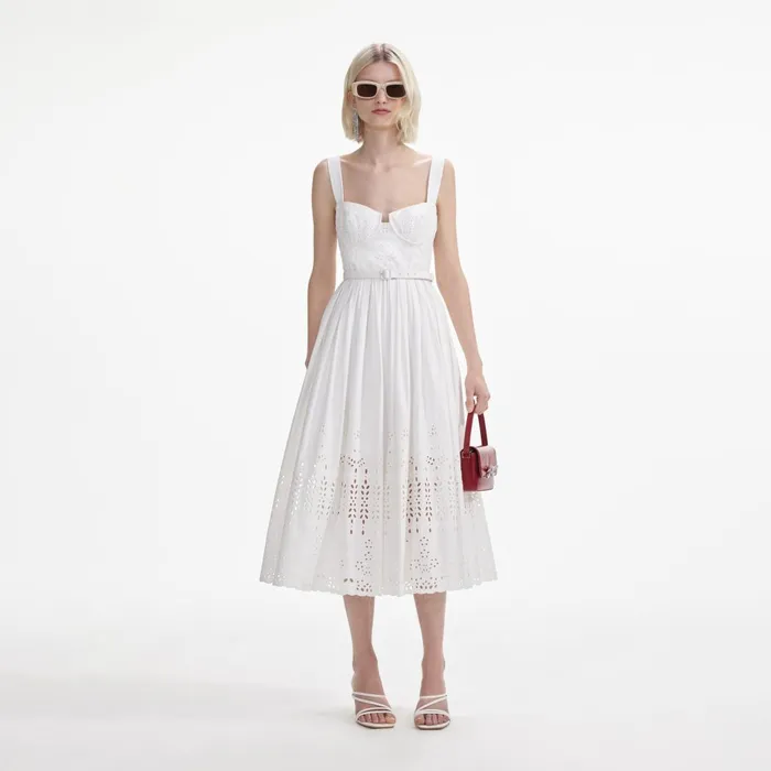 Self Portrait Dresses Women White Cotton Broderie Midi Dress
