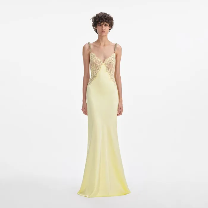 Self Portrait Dresses Women Yellow Lace Satin Maxi Dress