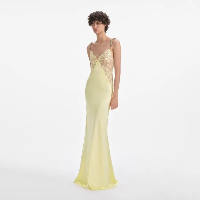 Self Portrait Dresses Women Yellow Lace Satin Maxi Dress