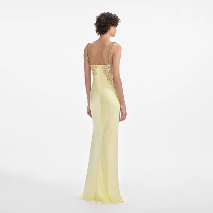 Self Portrait Dresses Women Yellow Lace Satin Maxi Dress
