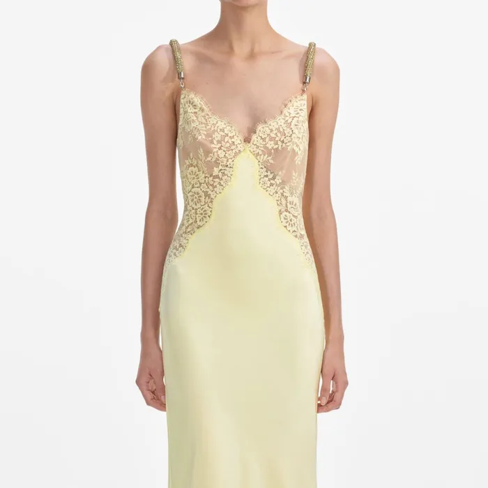 Self Portrait Dresses Women Yellow Lace Satin Maxi Dress