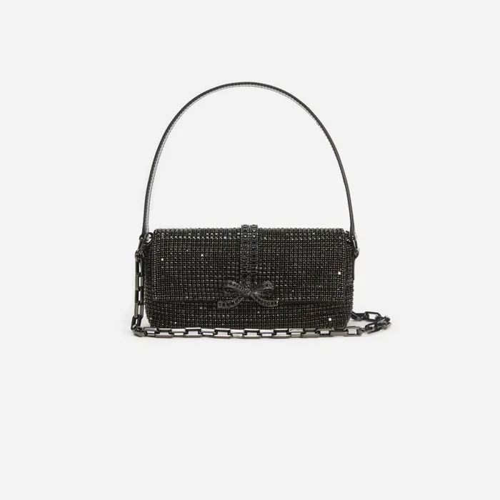 Self Portrait Handbags Women Black Rhinestone Chainmail Baguette Bag