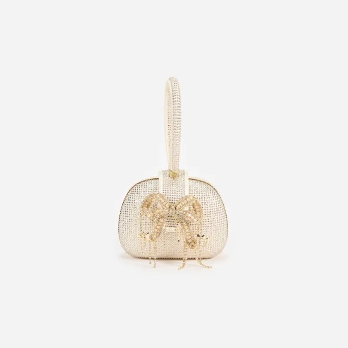 Self Portrait Handbags Women Champagne Rhinestone Top Handle Clutch Bag