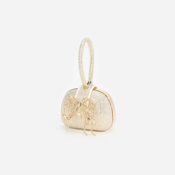 Self Portrait Handbags Women Champagne Rhinestone Top Handle Clutch Bag