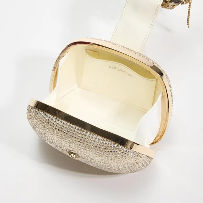 Self Portrait Handbags Women Champagne Rhinestone Top Handle Clutch Bag
