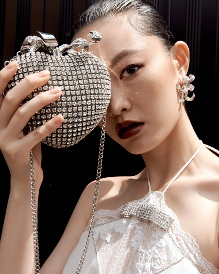 Self Portrait Handbags Women Silver Crystal Heart Clutch Silver