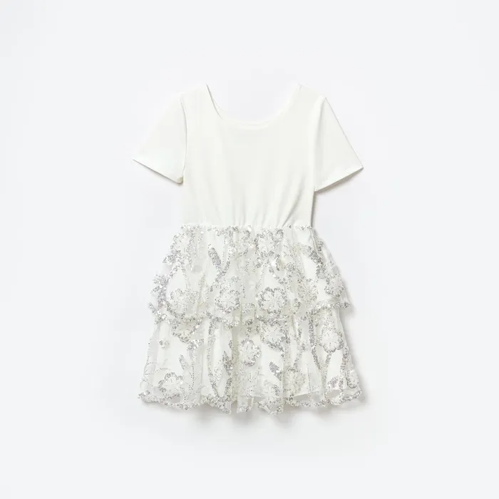 Self Portrait Kids White Jersey Sequin Tulle Mini Dress