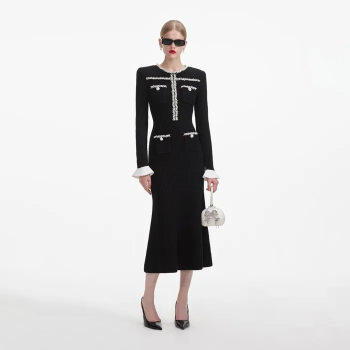 Self Portrait Knitwear Women Black Pearl Trim Knit Midi Dress