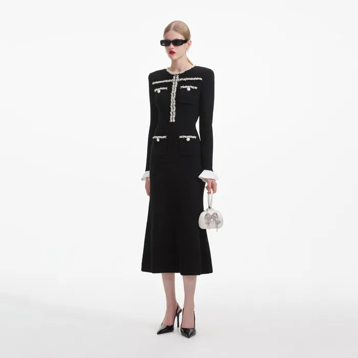 Self Portrait Knitwear Women Black Pearl Trim Knit Midi Dress