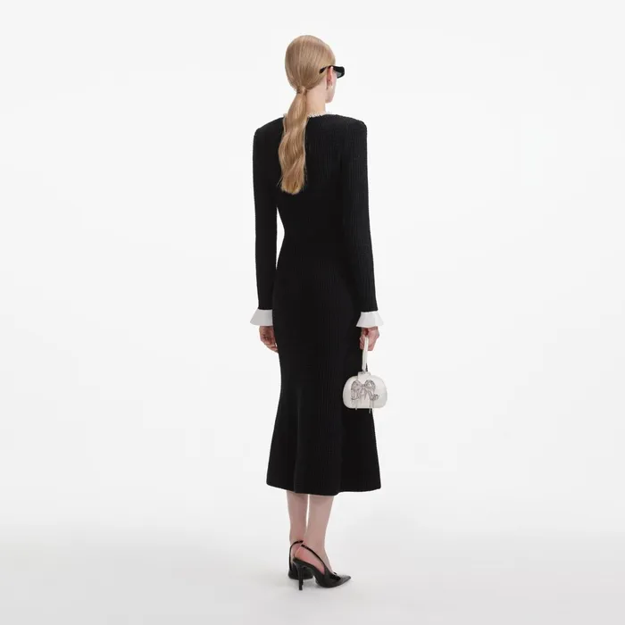 Self Portrait Knitwear Women Black Pearl Trim Knit Midi Dress