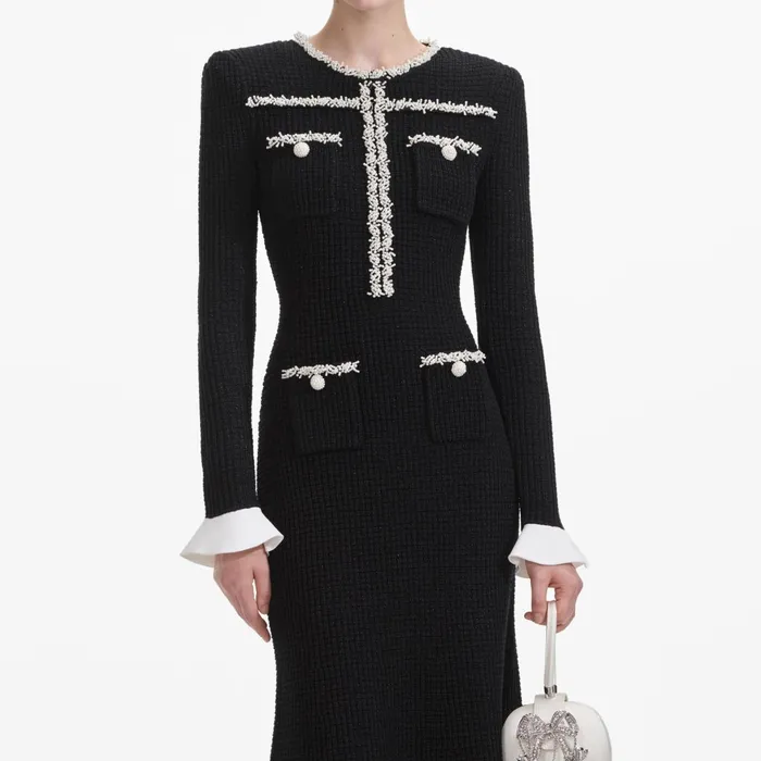 Self Portrait Knitwear Women Black Pearl Trim Knit Midi Dress