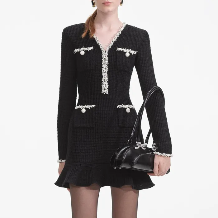 Self Portrait Knitwear Women Black Pearl Trim Knit Mini Dress