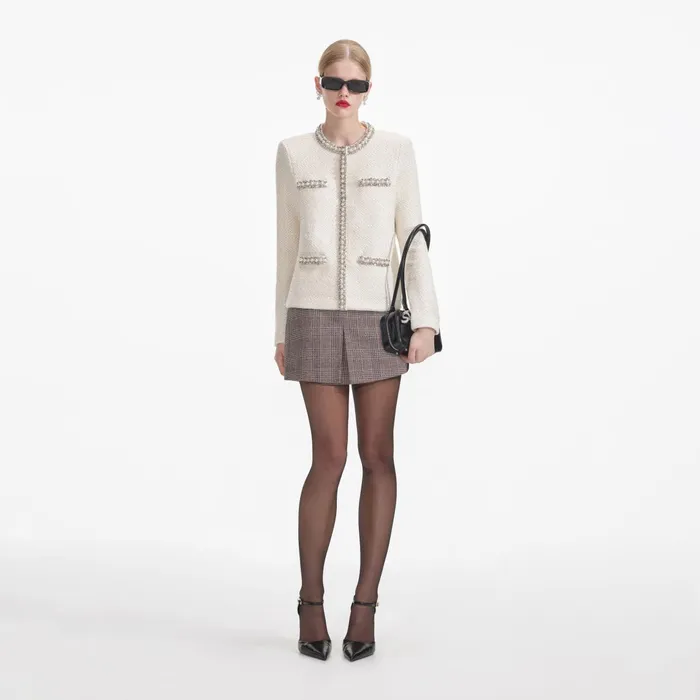Self Portrait Knitwear Women Cream Textured Knit Embellished Cardigan