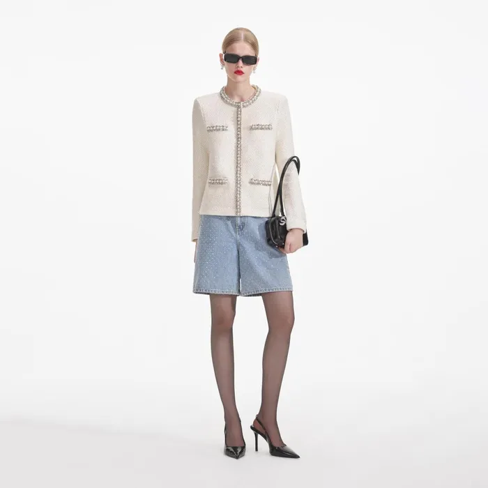 Self Portrait Knitwear Women Cream Textured Knit Embellished Cardigan