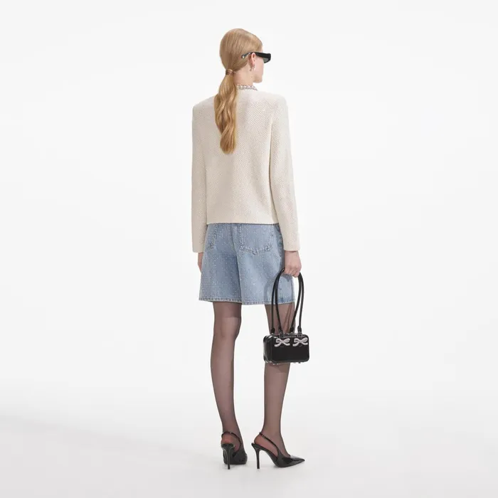 Self Portrait Knitwear Women Cream Textured Knit Embellished Cardigan