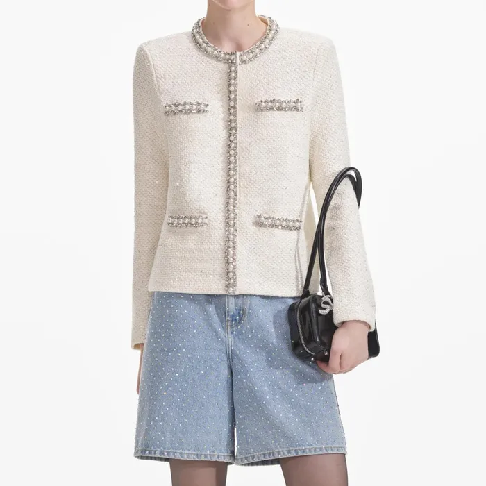 Self Portrait Knitwear Women Cream Textured Knit Embellished Cardigan