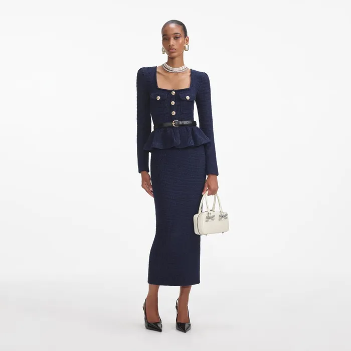 Self Portrait Knitwear Women Navy Knit Peplum Midi Dress