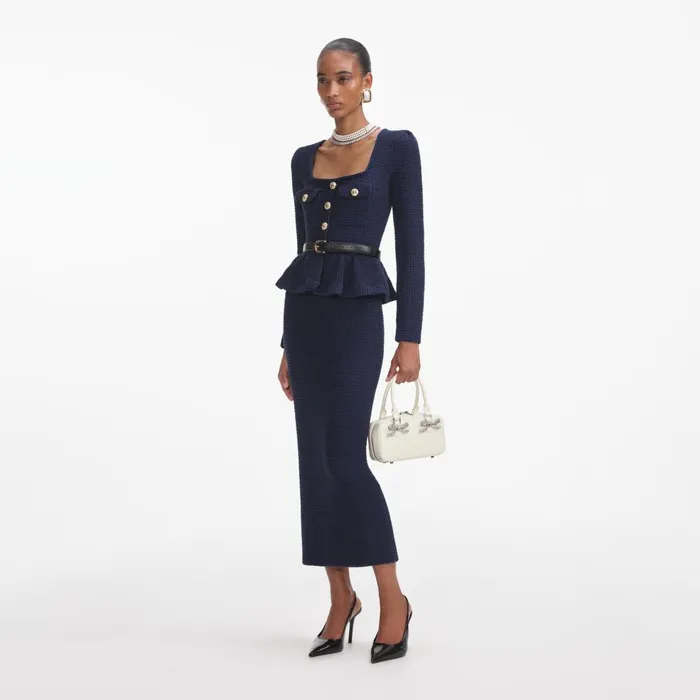 Self Portrait Knitwear Women Navy Knit Peplum Midi Dress