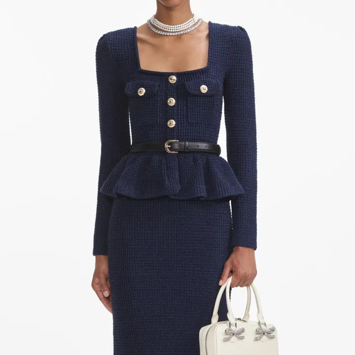Self Portrait Knitwear Women Navy Knit Peplum Midi Dress