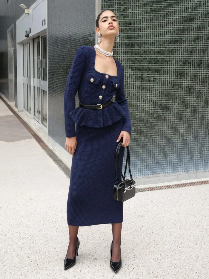 Self Portrait Knitwear Women Navy Knit Peplum Midi Dress
