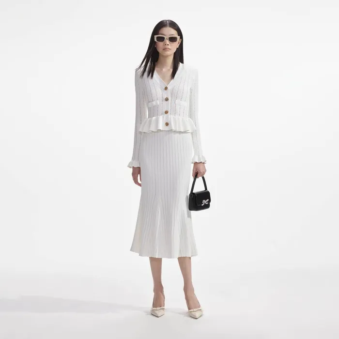 Self Portrait Knitwear Women White Knit Peplum Midi Dress