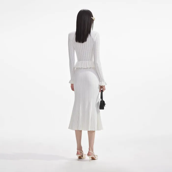 Self Portrait Knitwear Women White Knit Peplum Midi Dress