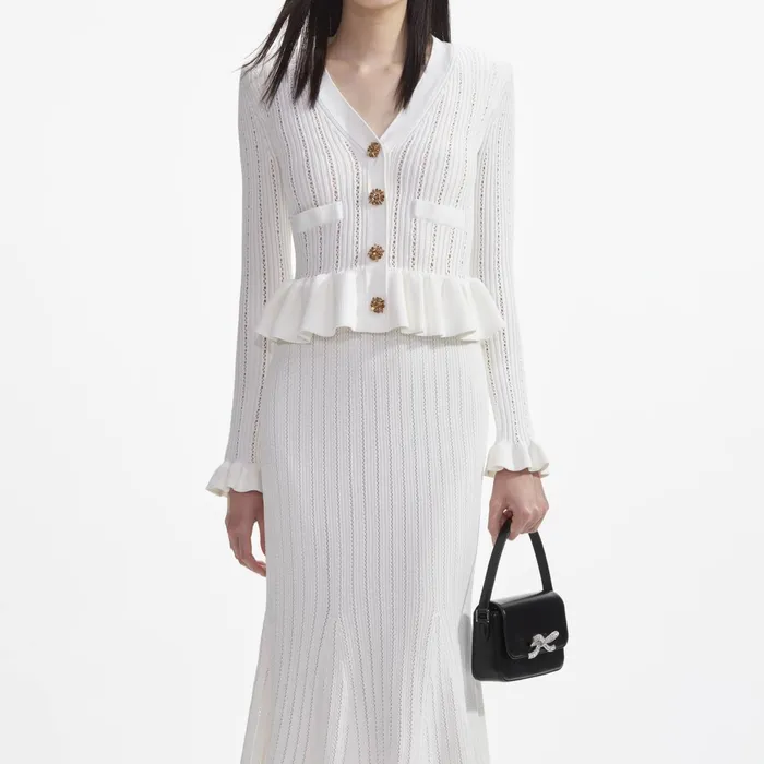 Self Portrait Knitwear Women White Knit Peplum Midi Dress