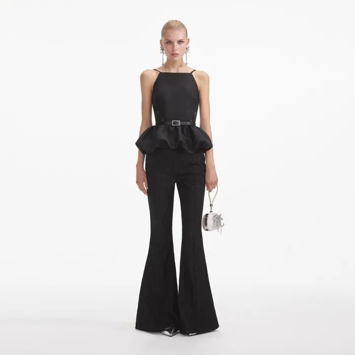 Self Portrait Tops Women Black Taffeta Peplum Top