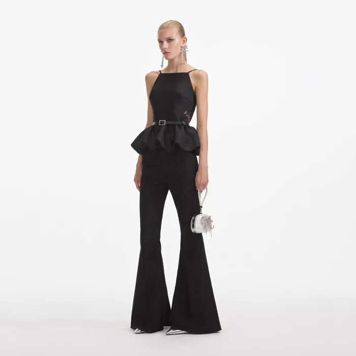 Self Portrait Tops Women Black Taffeta Peplum Top