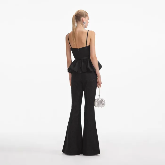 Self Portrait Tops Women Black Taffeta Peplum Top